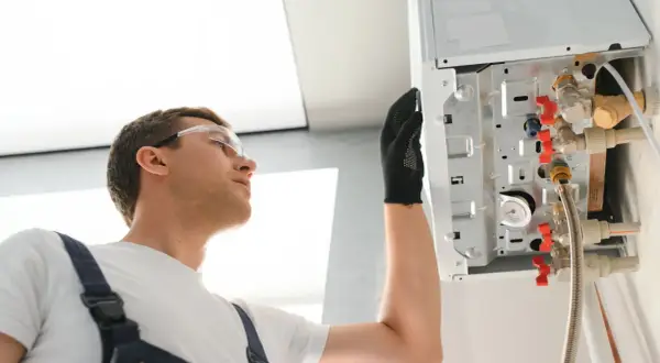Instalator w okularach ochronnych sprawdza podłączenia kotła. Widać elementy takie jak anoda tytanowa i zawory.