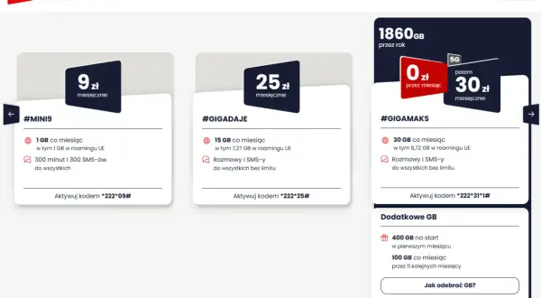 Oferty Virgin Mobile: najtańszy internet na kartę. Pakiet #MINI9 za 9 zł/miesiąc, #GIGADAJE za 25 zł/miesiąc, #GIGAMAKS za 0 zł przez miesiąc, potem 30 zł.