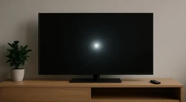 Czarny telewizor Samsung na drewnianej szafce z pilotem i rośliną.