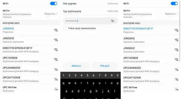 Ekran telefonu z listą sieci Wi-Fi i klawiaturą. Możliwe drukowanie z telefonu po połączeniu z siecią.