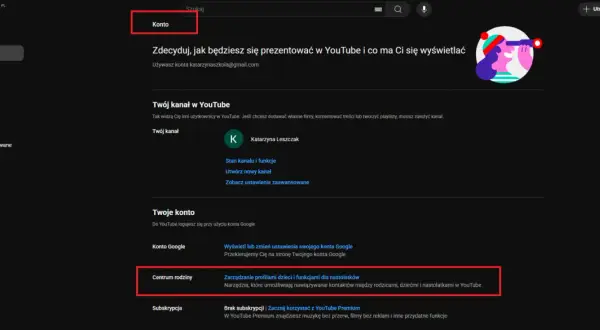 Ustawienia konta YouTube, gdzie można zarządzać profilem i ustawieniami rodzinnymi, co jest pomocne, jak zablokować YouTube na telewizorze.