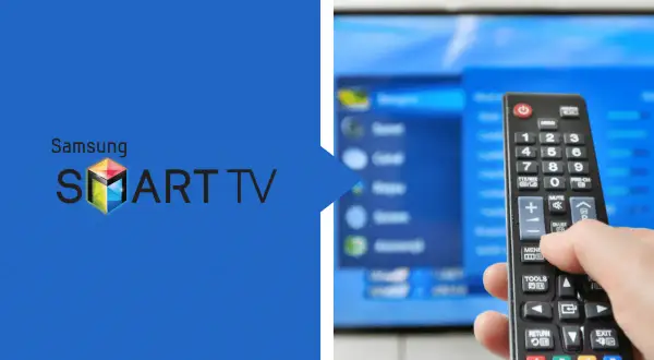 Ręka trzyma pilota do telewizora Samsung Smart TV, sterując menu na ekranie.