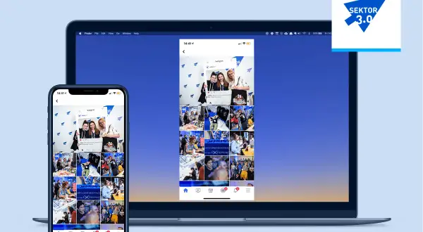 Klonowanie ekranu pokazuje aplikację Instagram na iPhonie i laptopie, prezentując zdjęcia z wydarzenia Sektor 3.0.