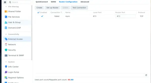 Konfiguracja routera: połączenie rsync nieudane, port 873 TCP. Użyte porty: 65/60.