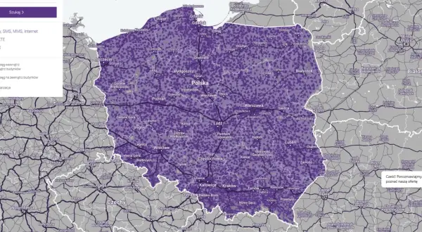 Mapa zasięgu sieci komórkowej w Polsce. Fioletowe obszary oznaczają dobry zasięg wewnątrz i na zewnątrz budynków, jaśniejsze – tylko na zewnątrz. Sprawdź, jaka sieć ma najlepszy zasięg w Twojej okolicy!
