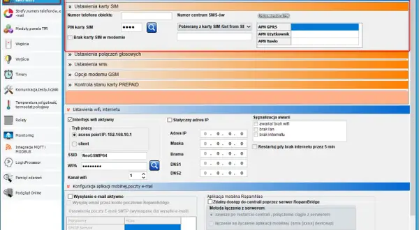 Ustawienia APN dla karty SIM i modemu GSM. Konfiguracja połączenia internetowego, w tym APN GPRS, użytkownika i hasła.