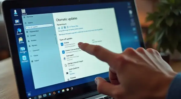 Palec dotyka ekranu laptopa, pokazując opcje "Turn off updates" w ustawieniach Windows. Dowiedz się, jak wyłączyć aktualizacje Windows 10.