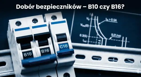 Jaki bezpiecznik do gniazdek? Na zdjęciu widać wyłączniki nadprądowe B10, B16 i C16, obok schematu elektrycznego.