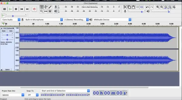 Nagrywanie dźwięku z komputera w programie Audacity. Widoczne dwie ścieżki audio z falami dźwiękowymi.