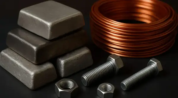 Sztabki aluminium, miedziany drut i śruby. Czy aluminium przewodzi prąd? Tak, jak miedź.