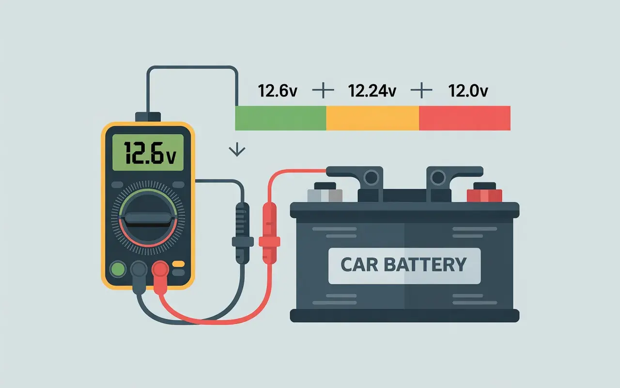Pomiar napięcia akumulatora samochodowego. Multimetr pokazuje 12.6V, co oznacza, że elektrolit jest w dobrym stanie.