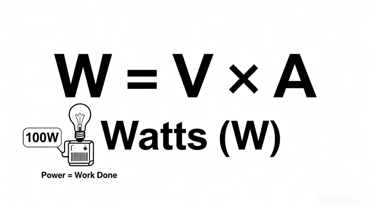 W = V x A. Jednostka mocy to waty (W). Obrazek pokazuje żarówkę 100W.