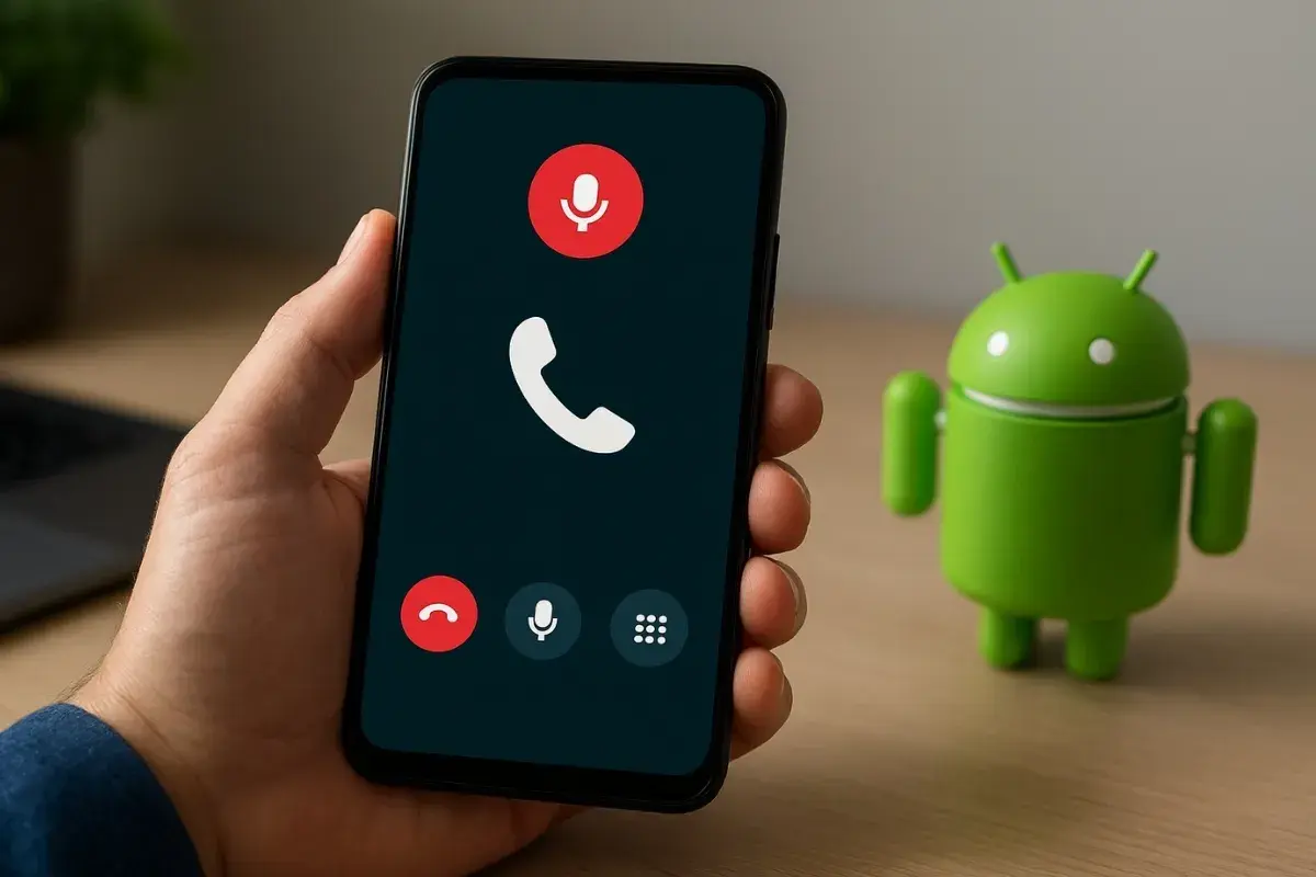 Dłoń trzyma smartfon z ekranem rozmowy przychodzącej. Obok stoi zielona figurka Androida, sugerująca nagrywanie rozmów na tym systemie.