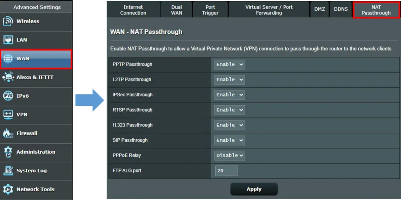 Ustawienia routera: sekcja WAN - NAT Passthrough, opcja PPPoE Relay ustawiona na "Disable".