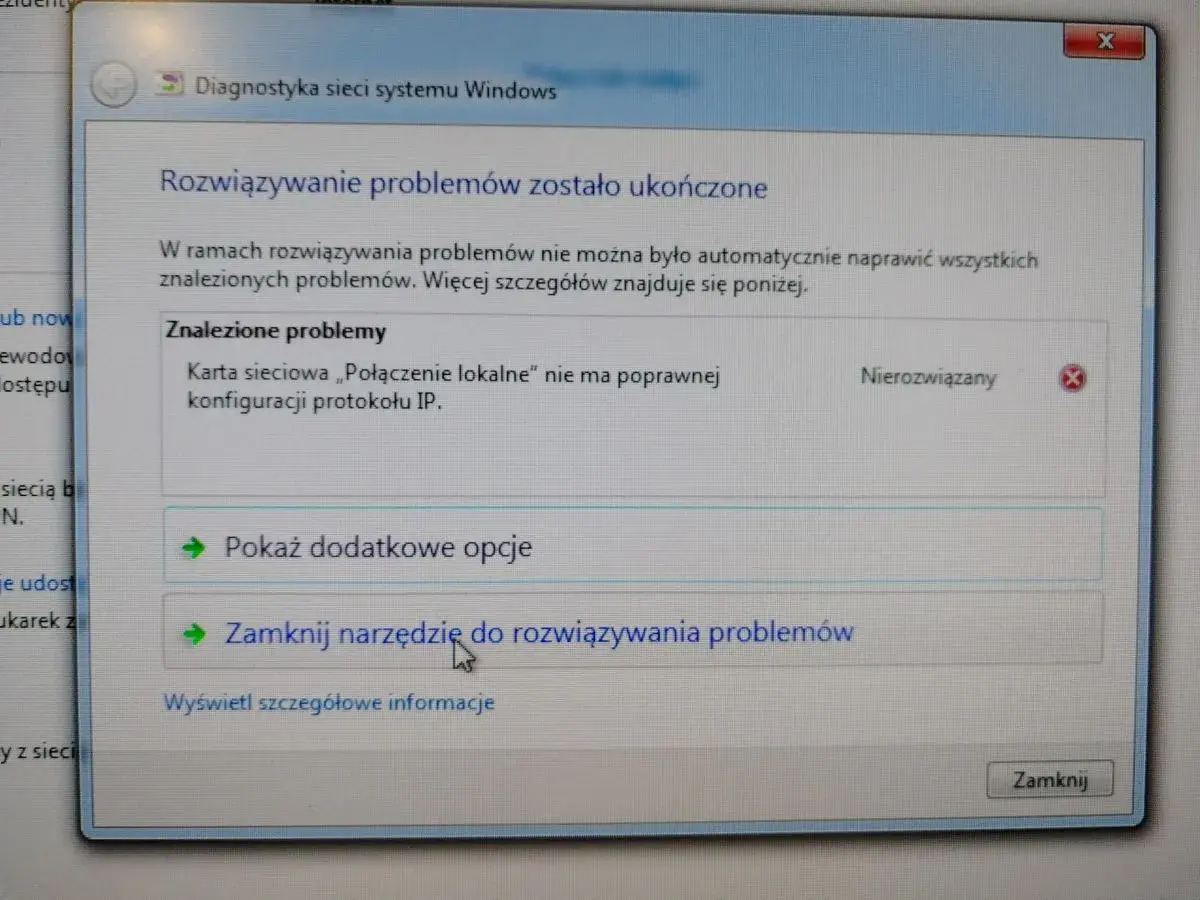 Karta sieciowa Ethernet nie ma poprawnej konfiguracji protokołu IP. Narzędzie diagnostyczne systemu Windows wykryło problem.