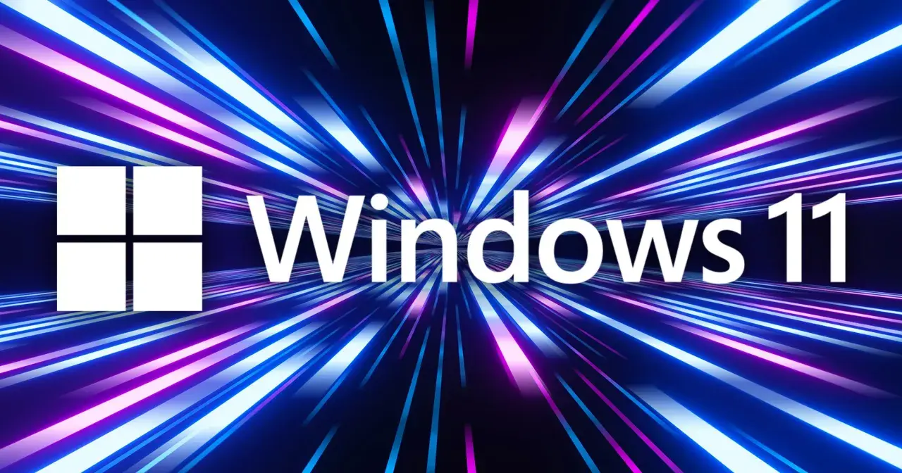 Logo Windows 11 na tle neonowych pasów. Szybkość i nowoczesność dla optymalizacji Windows 11.