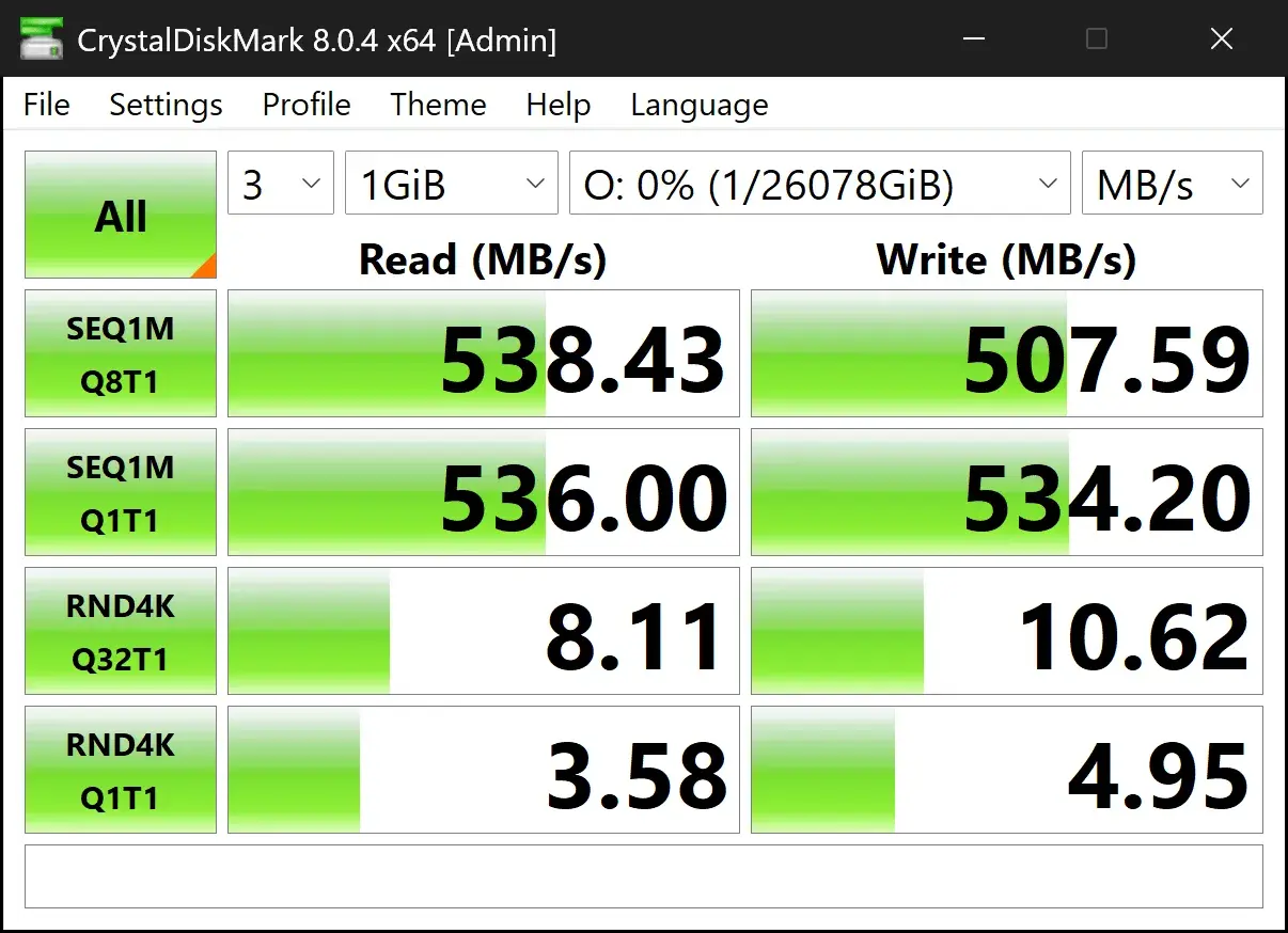 Wyniki testu CrystalDiskMark dla dysku w konfiguracji raid 0: odczyt 538.43 MB/s, zapis 507.59 MB/s.