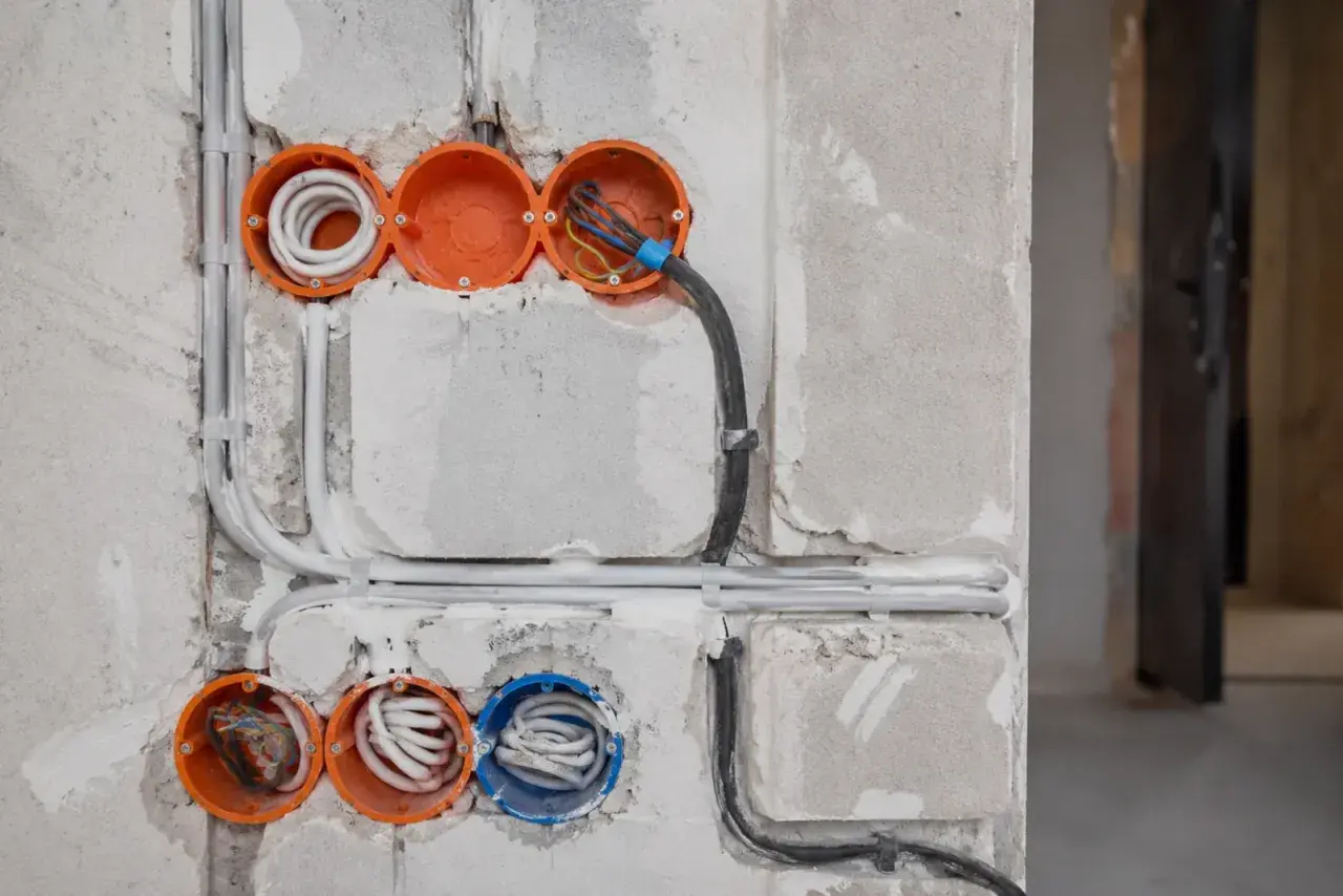Rozpoczynająca się instalacja elektryczna w domu: widoczne puszki instalacyjne z przewodami, rurki ochronne i kable.