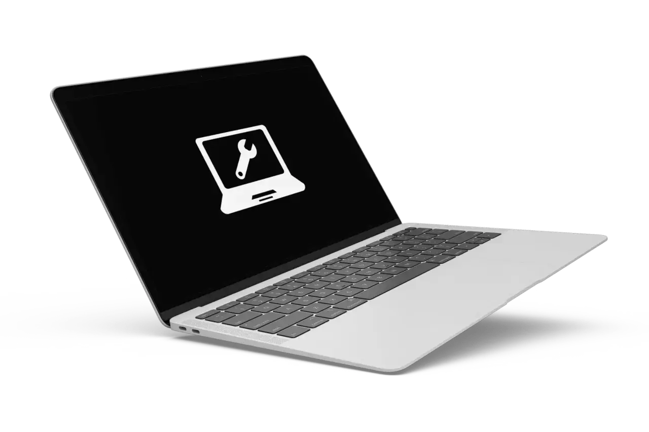 Laptop z ikoną klucza francuskiego na ekranie, symbolizującą diagnozę laptopa i serwis.