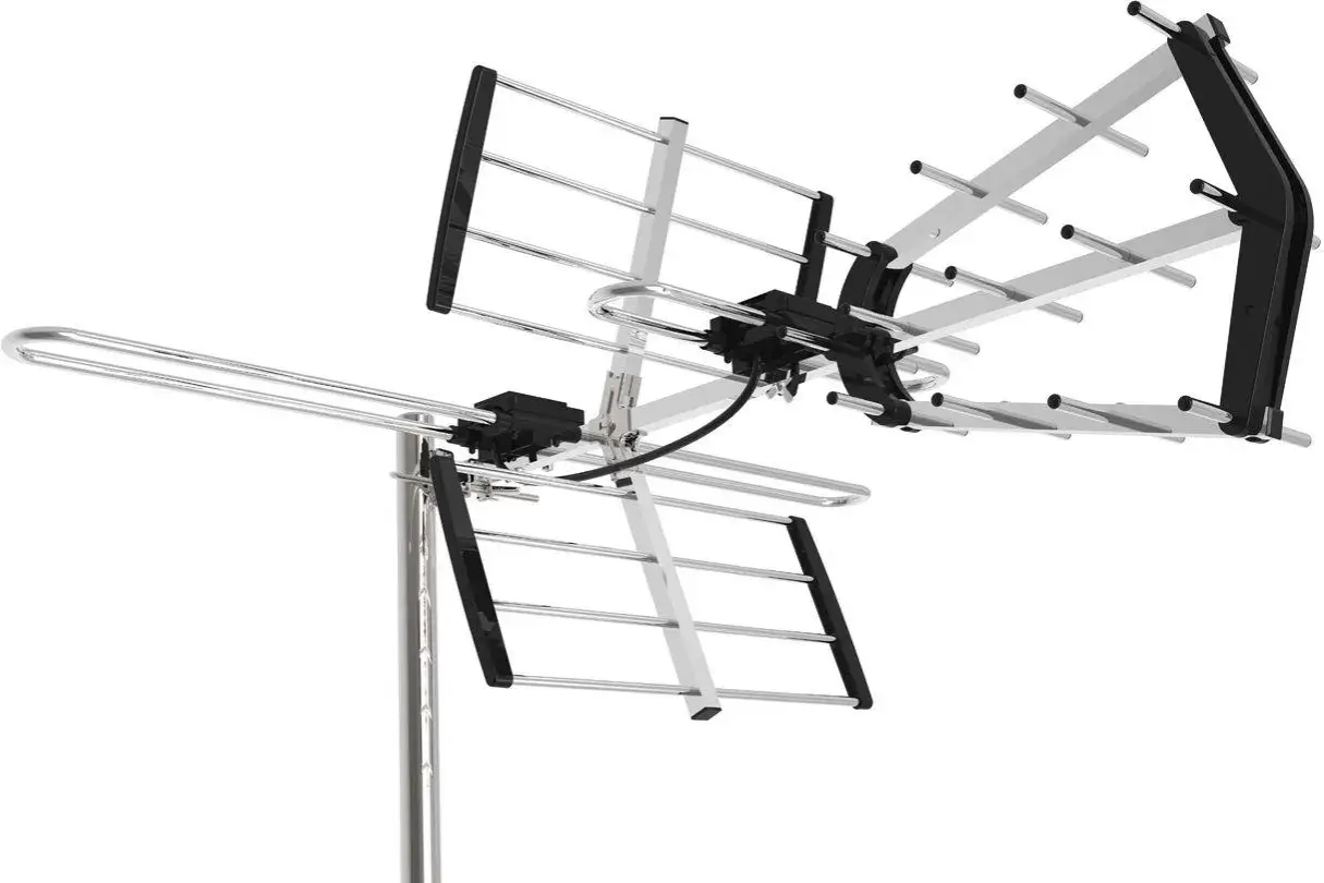 Antena do odbioru kanałów telewizji naziemnej, z elementami aluminiowymi i czarnymi mocowaniami.