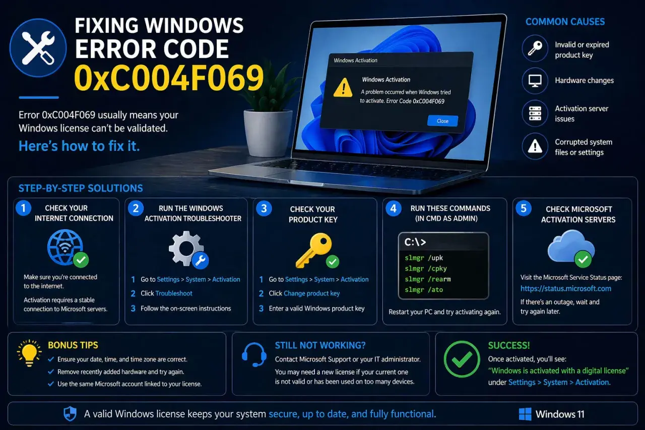 Jak aktywować system Windows, gdy wystąpił błąd 0xC004F069. Poradnik krok po kroku, jak rozwiązać problem z licencją.
