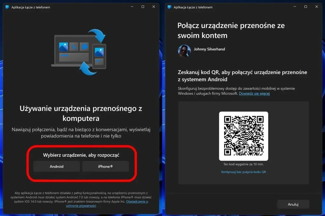 Łącze z telefonem: wybierz Android lub iPhone, by połączyć urządzenie z komputerem i synchronizować dane.