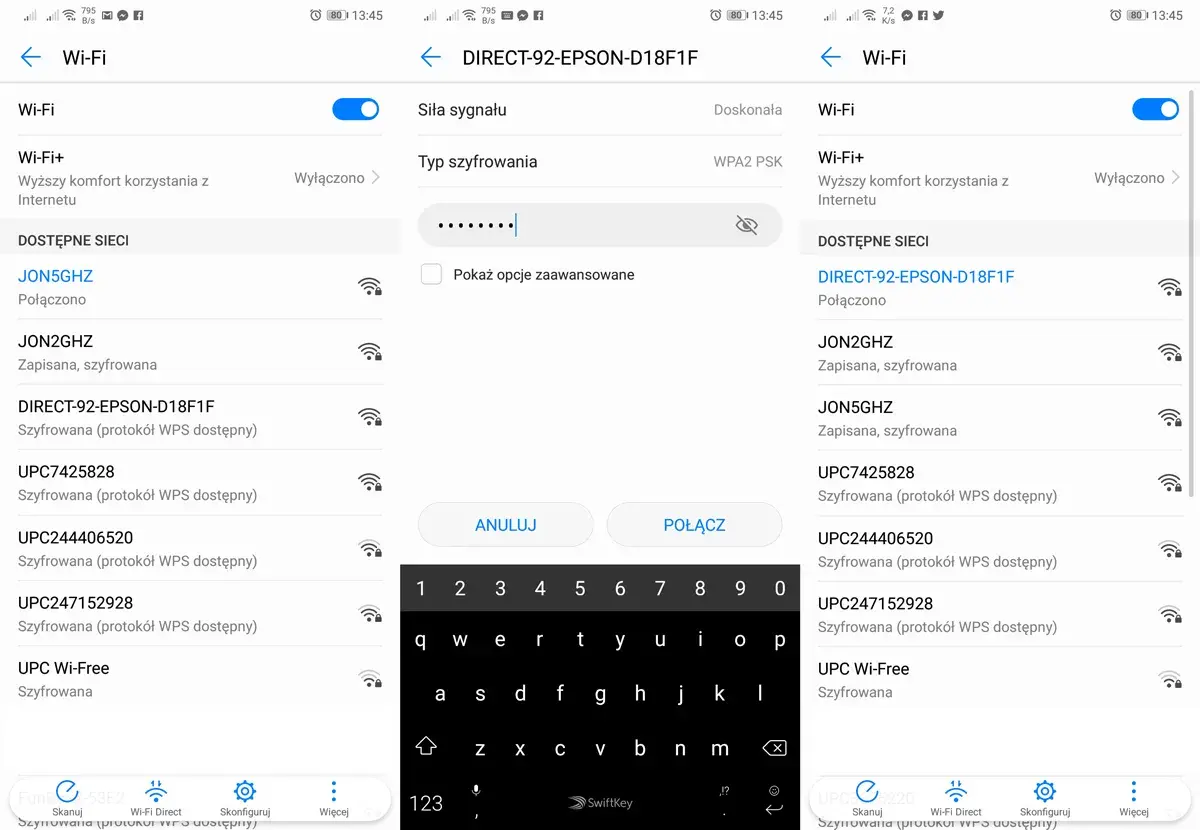 Ekran telefonu z listą sieci Wi-Fi i klawiaturą. Możliwe drukowanie z telefonu po połączeniu z siecią.