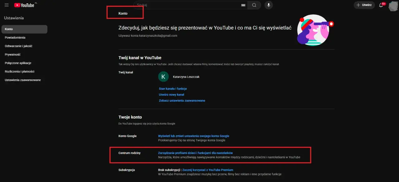 Ustawienia konta YouTube, gdzie można zarządzać profilem i ustawieniami rodzinnymi, co jest pomocne, jak zablokować YouTube na telewizorze.