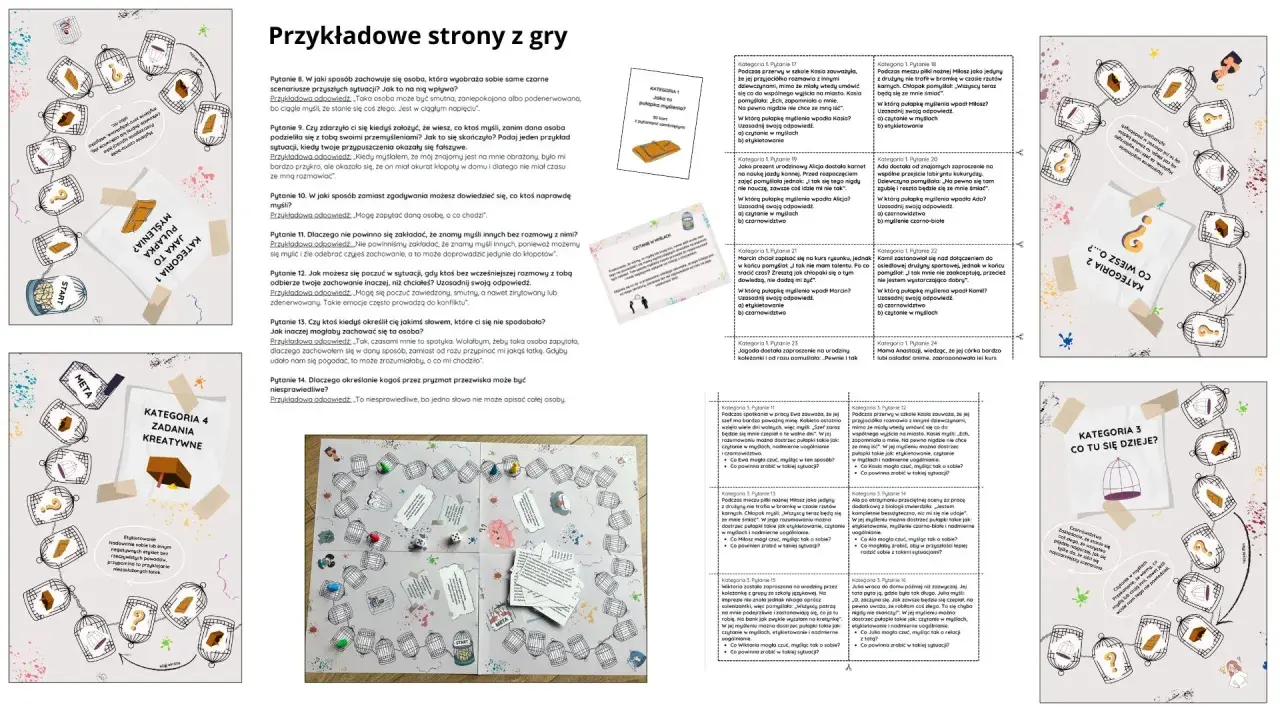 Gra planszowa z pytaniami o pułapki myślenia, np. "czytanie w myślach" i "czarnowidztwo".