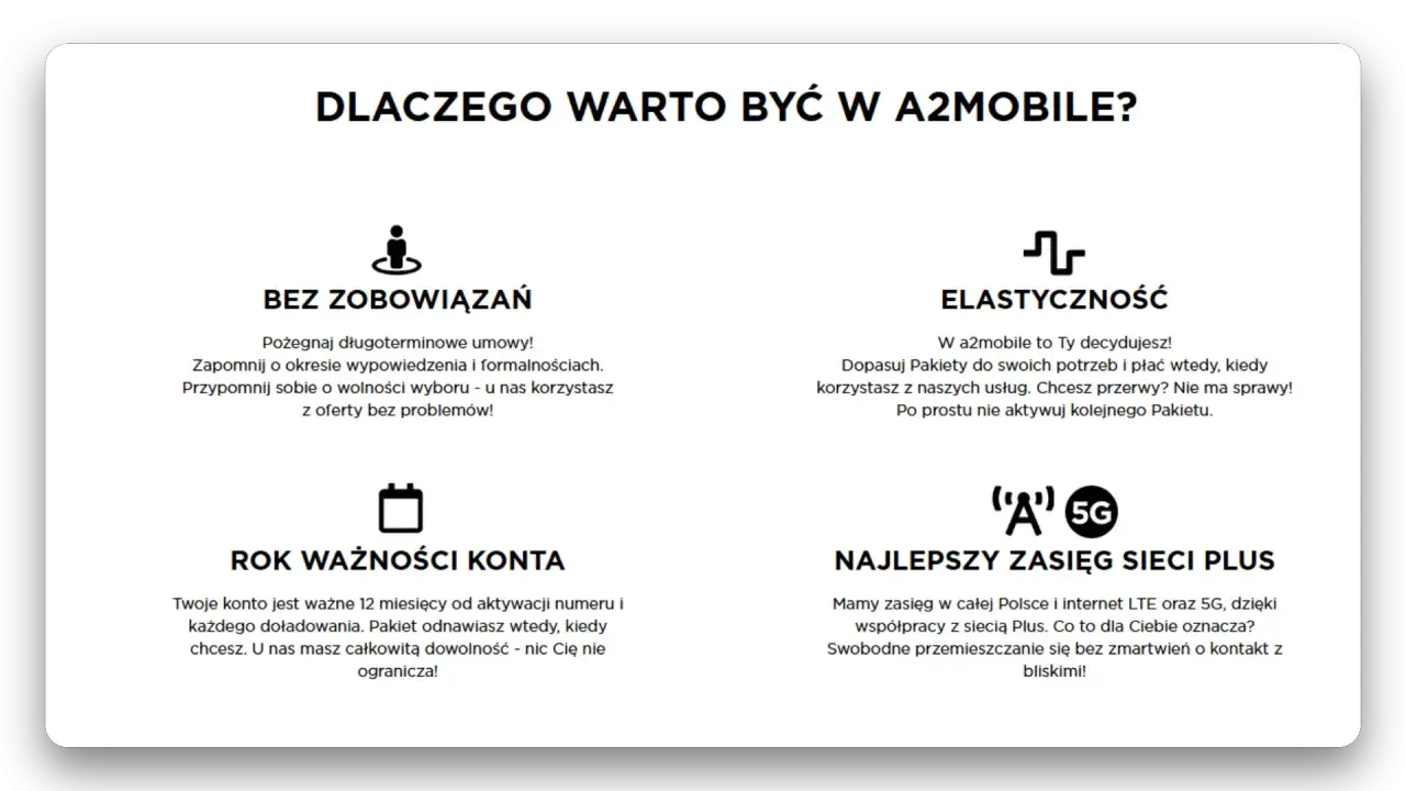 Długi rok ważności konta plus to 12 miesięcy od aktywacji lub doładowania. Pakiet odnawiasz, kiedy chcesz. U nas masz swobodę!