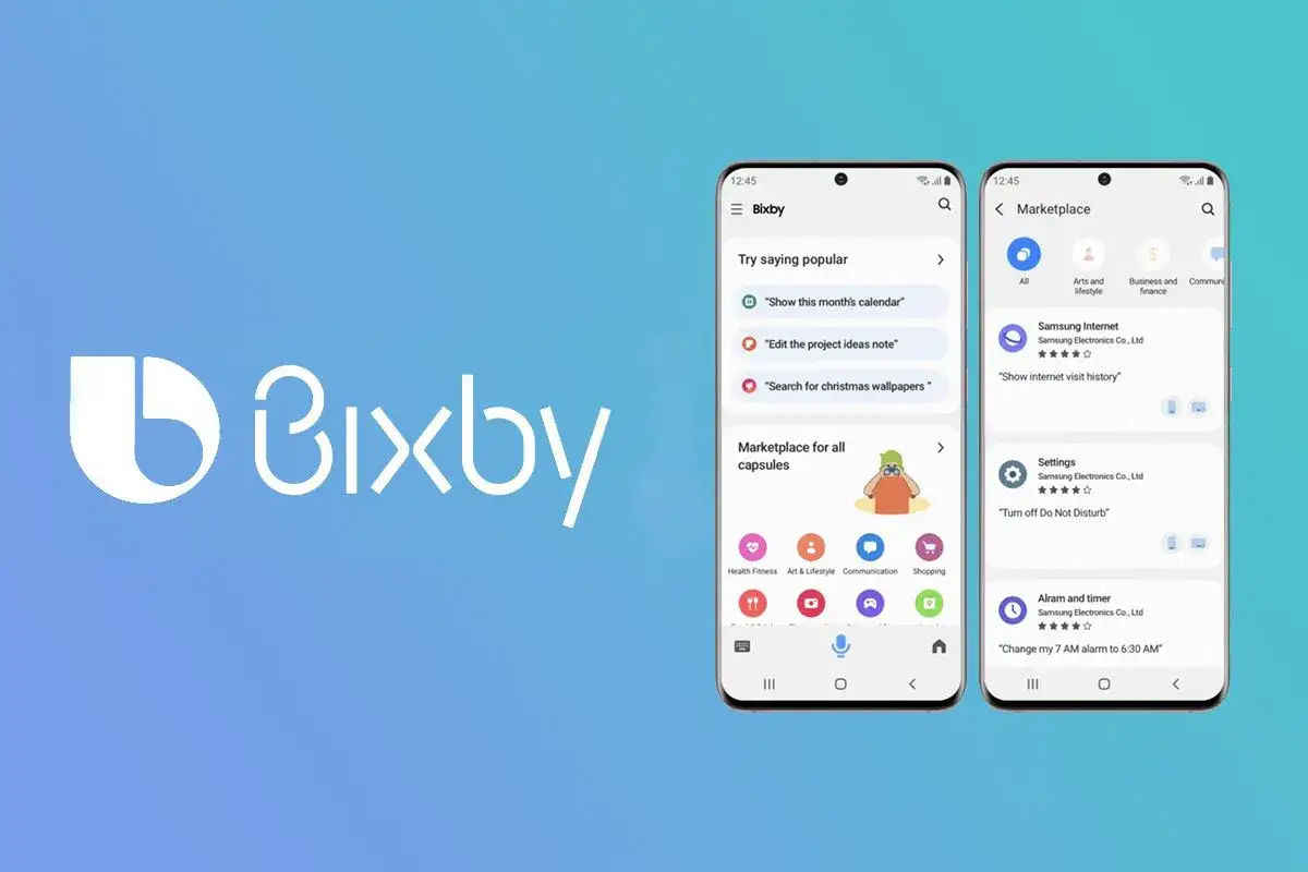Logo Bixby i dwa ekrany smartfonów z interfejsem asystenta, pokazujące popularne komendy i marketplace.