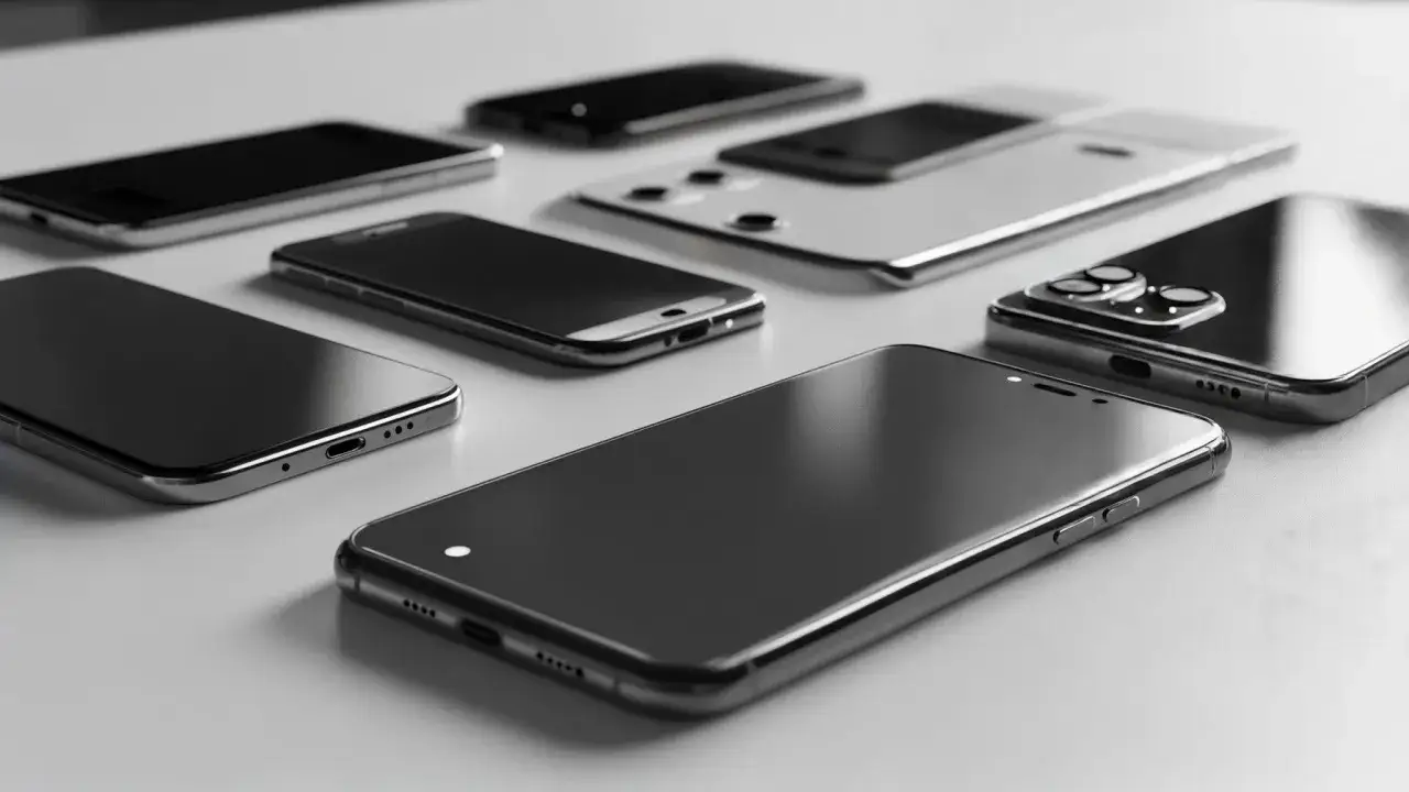 Chcesz wiedzieć, jak sprawdzić model telefonu? Na stole leży kilka smartfonów, czarnych i białych, gotowych do identyfikacji.