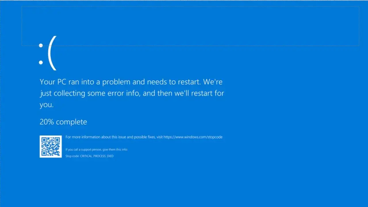 Smutny :( komputer wyświetla bluescreen. Zbierane są dane o błędzie, 20% kompletne. Kod błędu: CRITICAL PROCESS DIED.