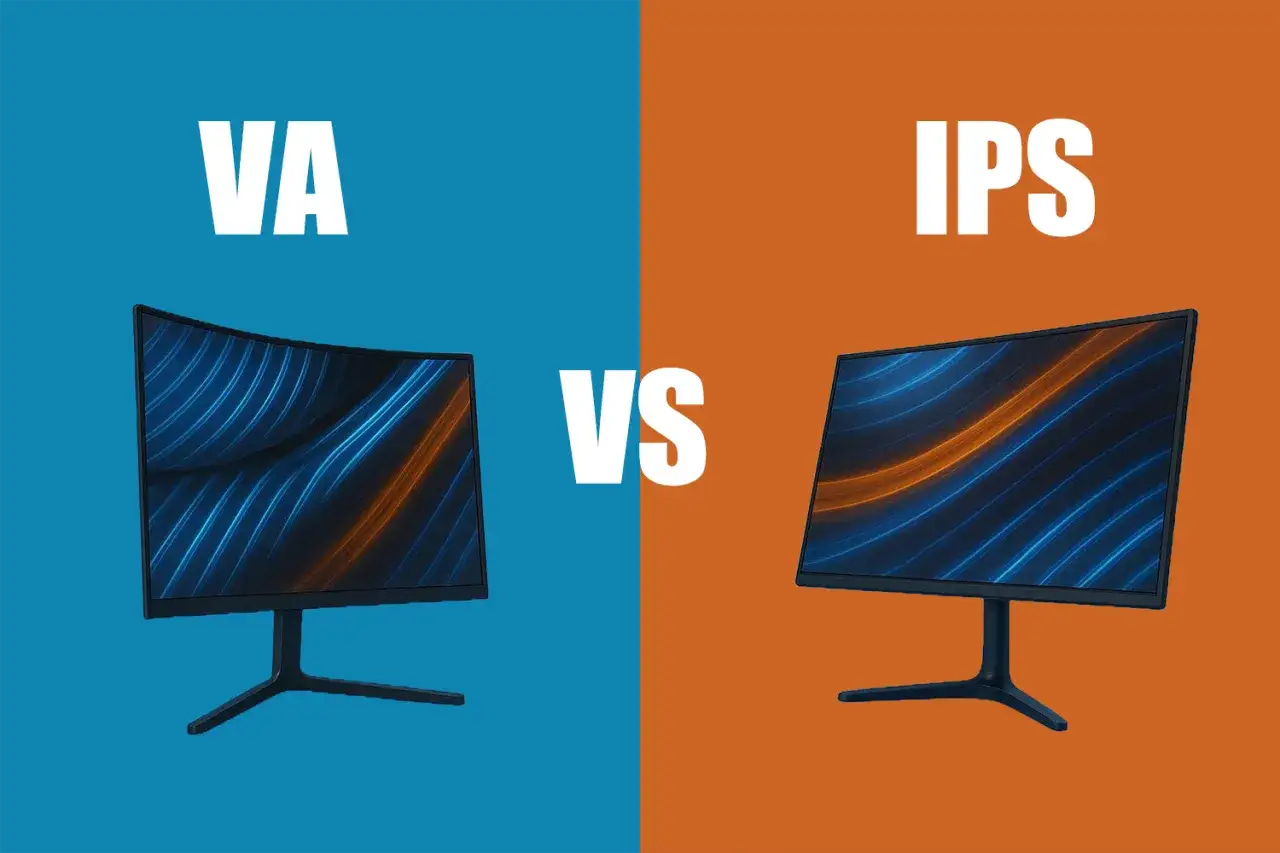Porównanie monitorów VA i IPS. Po lewej zakrzywiony ekran VA, po prawej płaski IPS. Oba wyświetlają ten sam abstrakcyjny wzór.