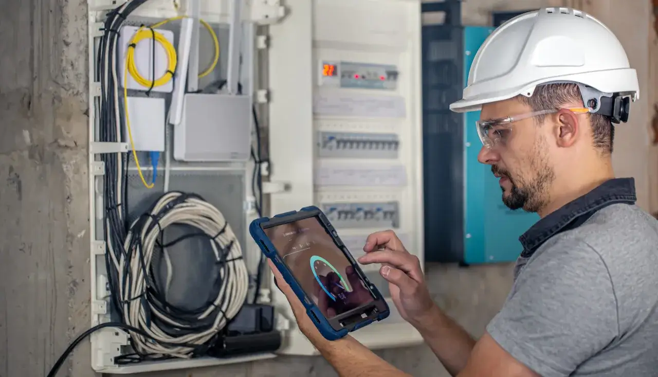 Technik w kasku i okularach ochronnych wykonuje przegląd instalacji elektrycznej, analizując dane na tablecie.