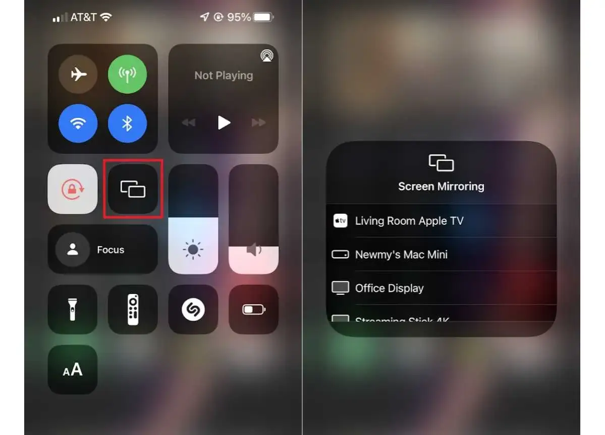 Ikona Screen Mirroring na iPhonie, umożliwiająca bezprzewodowe przesyłanie obrazu.