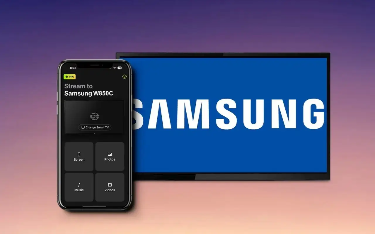 Aplikacja na telefonie pozwala na mirroring ekranu na telewizor Samsung.
