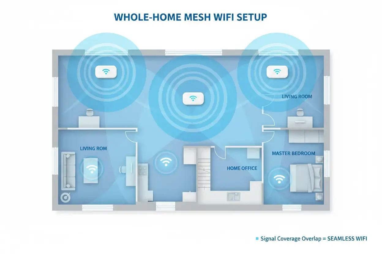 Schemat całego domu z kilkoma punktami dostępu Wi-Fi. Wyjaśnia, wifi mesh co to jest i jak zapewnia płynny sygnał w całym domu.