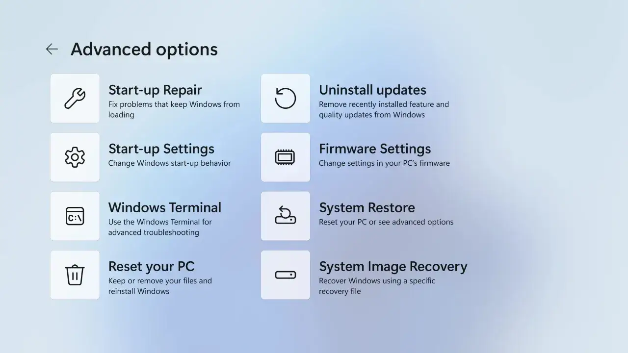 Zaawansowane opcje Windows. Naprawa systemu, odinstalowanie aktualizacji, przywracanie systemu, obraz systemu, terminal. Błąd 0x80070643 może wymagać tych opcji.