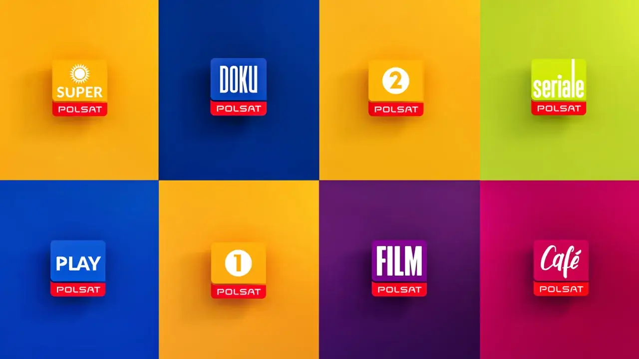 Osiem kolorowych kafelków z logotypami kanałów Polsat: Super, Doku, 2, Seriale, Play, 1, Film, Café. Dostępne w ramach dvb-t2 kanały.