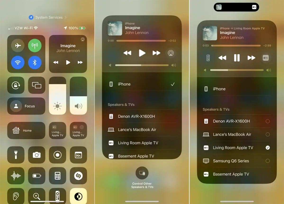 Jak włączyć airplay? Na ekranie iPhone'a widać menu z opcjami wyboru urządzenia do odtwarzania dźwięku, np. Living Room Apple TV.