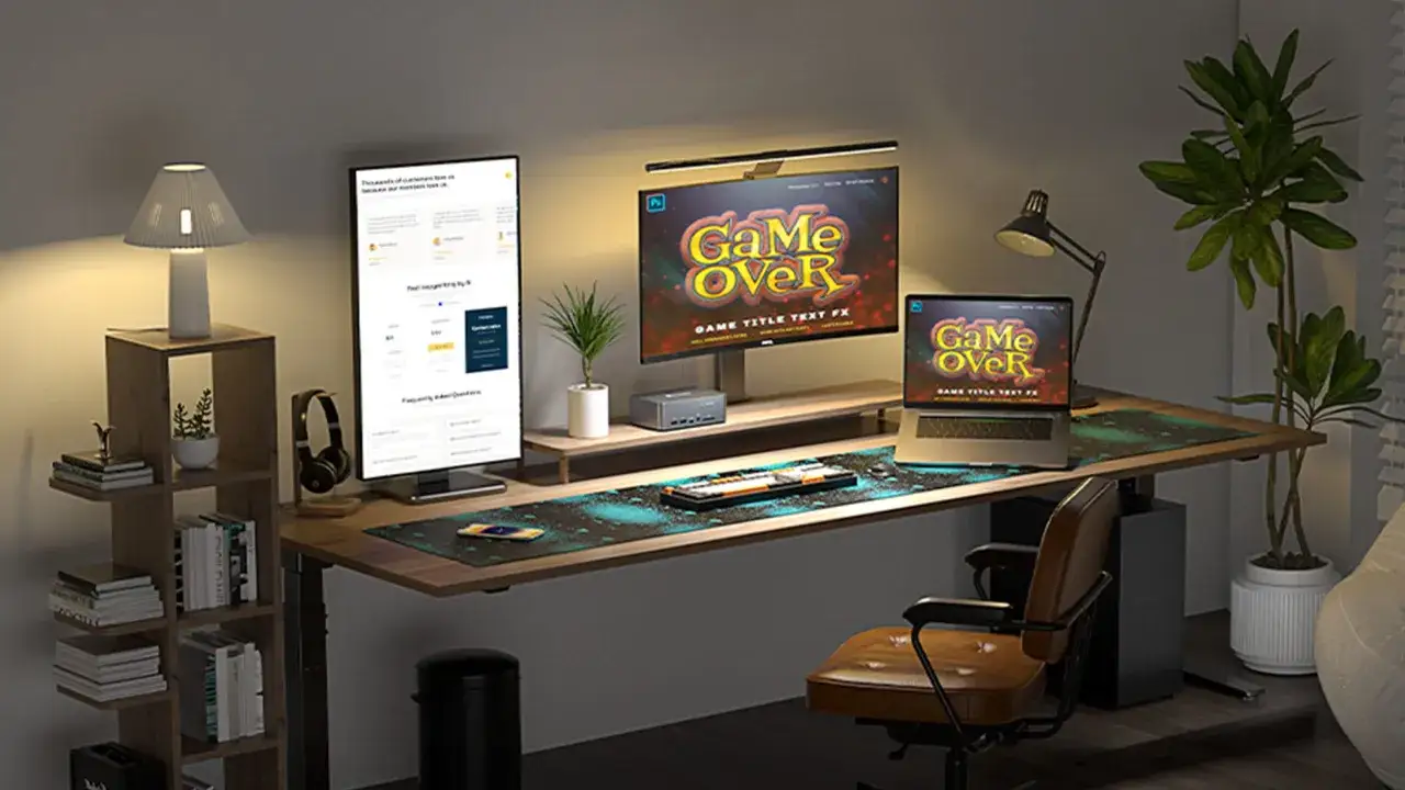 Stolik z dwoma monitorami, laptopem i akcesoriami gamingowymi. Dowiedz się, jak podłączyć dwa monitory do laptopa, aby stworzyć idealne stanowisko pracy lub rozrywki.