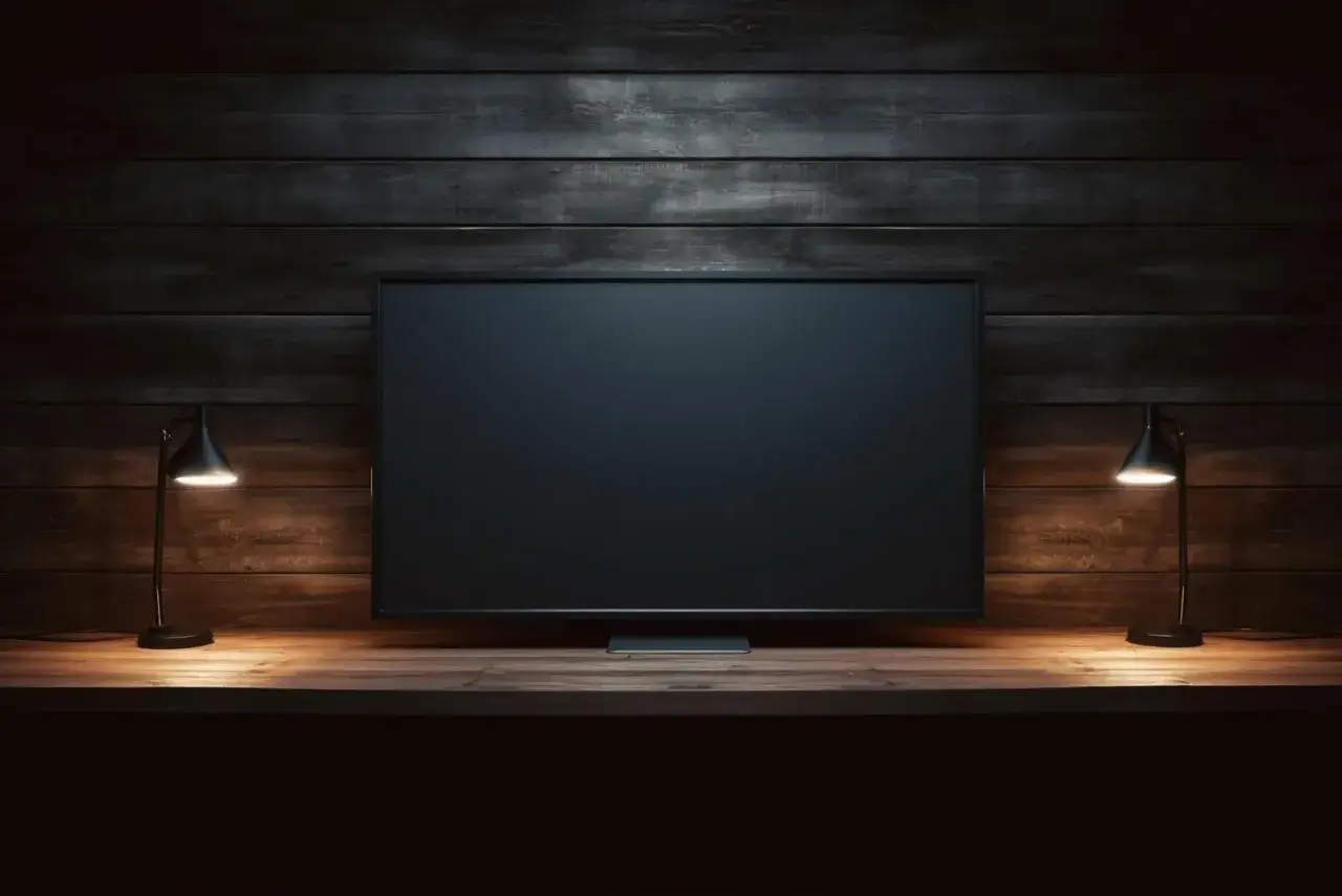 Ciemny ekran telewizora, dwie lampki po bokach, drewniana ściana i półka. Brak obrazu w telewizorze.
