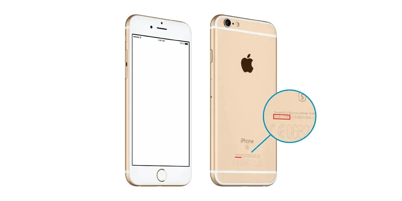 Złoty iPhone 6s z przodu i z tyłu. Powiększenie pokazuje, jak sprawdzić model telefonu A1688.
