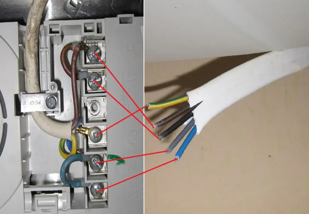 Instalacja elektryczna płyty indukcyjnej. Widoczne przewody fazowe, neutralny i ochronny. Jaki kabel do indukcji? Odpowiedni przekrój i typ kabla są kluczowe.