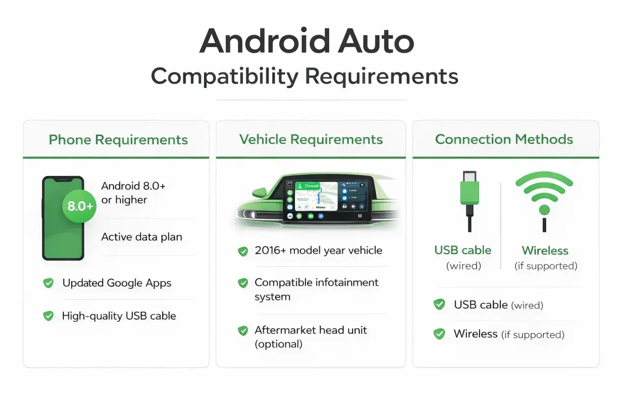 Jak połączyć telefon z samochodem? Sprawdź wymagania: Android 8.0+, auto z 2016+, kabel USB lub połączenie bezprzewodowe.