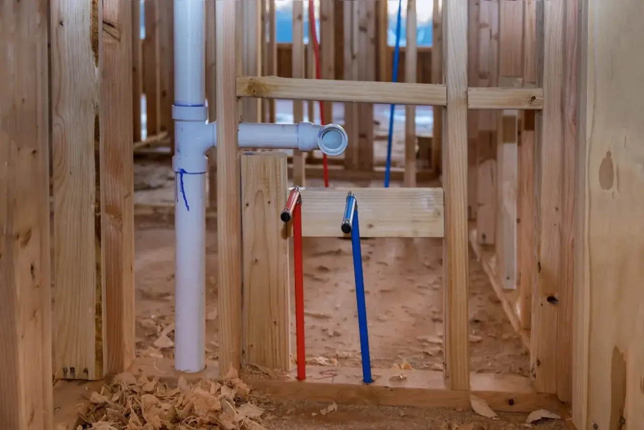 Instalacja hydrauliczna w budowie. Rury PEX (czerwona i niebieska) oraz biała rura kanalizacyjna. Widać złączki PEX, u i TH.