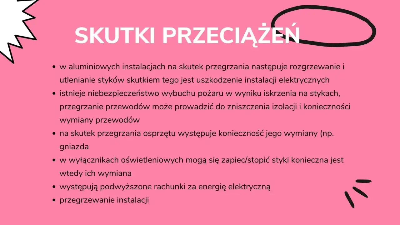Skutki przeciążeń: przegrzewanie instalacji, uszkodzenie osprzętu, np. gniazda, groźba pożaru.
