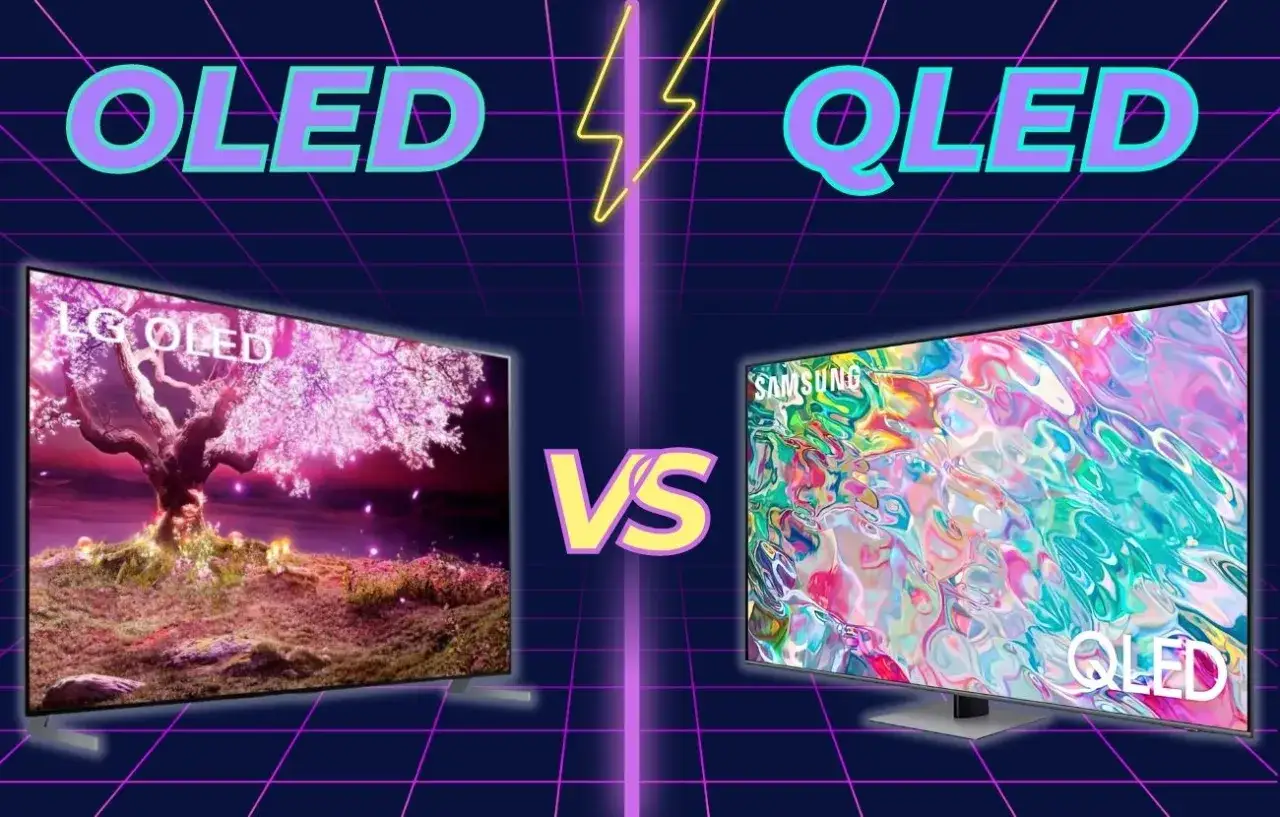 Porównanie technologii OLED i QLED. Po lewej telewizor LG OLED z kwitnącym drzewem, po prawej Samsung QLED z kolorowym obrazem.
