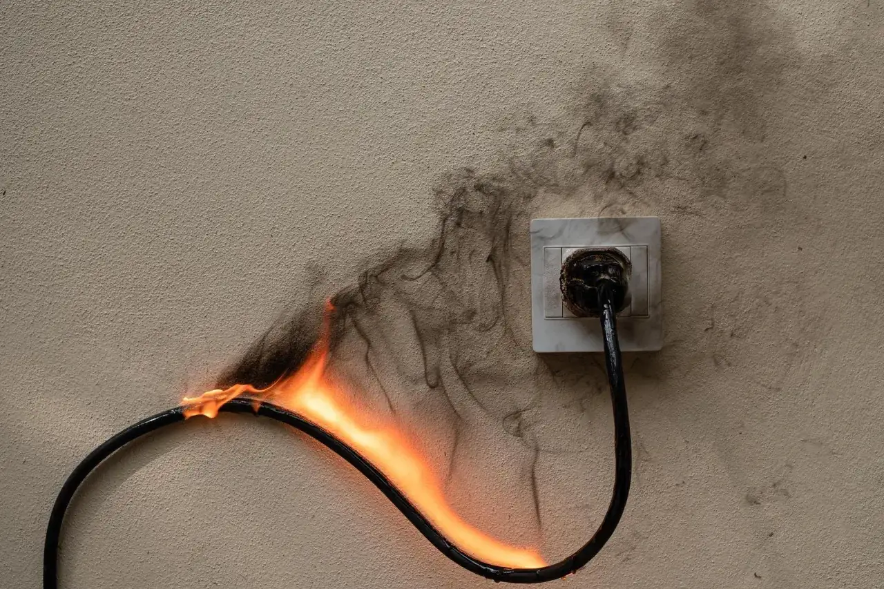 Płonący kabel w gniazdku, kłęby dymu. To nie jest napięcie bezpieczne, to zagrożenie pożarowe.